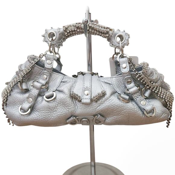ON AURA TOUT VU Paris silver leather crystal beaded mini statement bag Gagaku - Picture 2 of 11